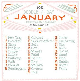 January Drawing Challenge, January List, Doodle Prompts, Sketchbook Prompts, Day Art Challenge, Doodle Challenge, January Art, 30 Day Art Challenge, Doodle A Day