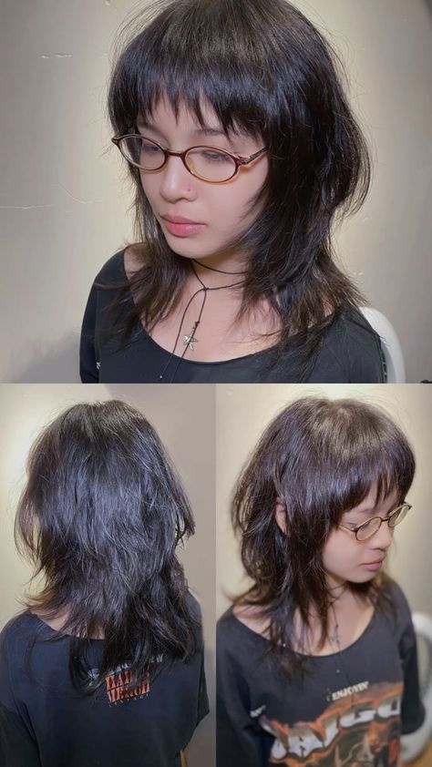 Messy Hair Haircut, Emo Hair For Round Faces, Aesthetic Haircuts Women, Long Women Mullet, Edgy Straight Hair, Medium Length Jellyfish Haircut, Asian Shaggy Hair, Haircut Ideas Black Hair, Shaggy Mullet Round Face