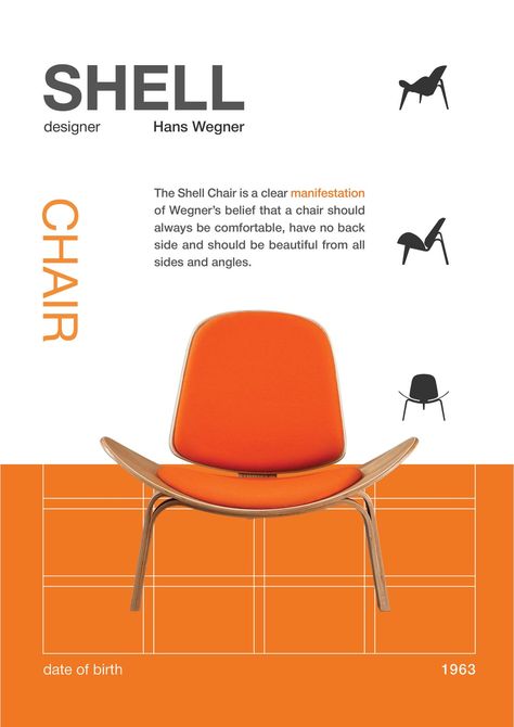 Chair Poster Design, Presentation Furniture Design, 60s Interior, Furniture Magazine, Furniture Graphic, Furniture Details Design, Iconic Furniture, Brochure Layout, Shell Chair