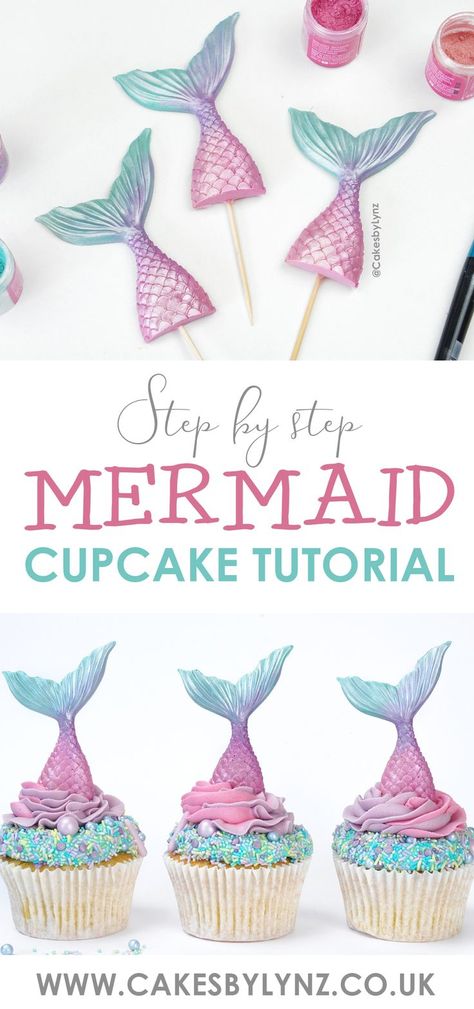 Shimmery Mermaid Tail Cupcake Tutorial - Plus how to pipe buttercream swirl Mermaid Pirate Cupcakes, Chocolate Mermaid Tails, Mermaid Cupcakes Simple, Easy Mermaid Cupcakes Ideas, Barbie Mermaid Cupcakes, Diy Mermaid Cupcakes Easy, Mermaid Cupcakes Ideas Easy, Meringue Cupcake Topper, How To Make A Mermaid Cake