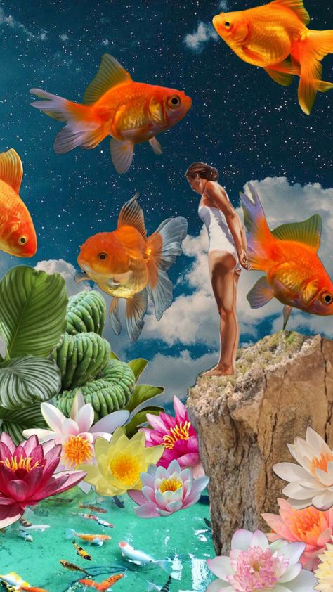 #goldfish #collage #vintage #art Gold Fish Wallpaper Iphone, Goldfish Background, Fish Collage Wallpaper, Yellow Jellyfish Wallpaper, Goldfish Wallpaper, Create Reality, Goldfish, Fantasy Fashion, Surrealism