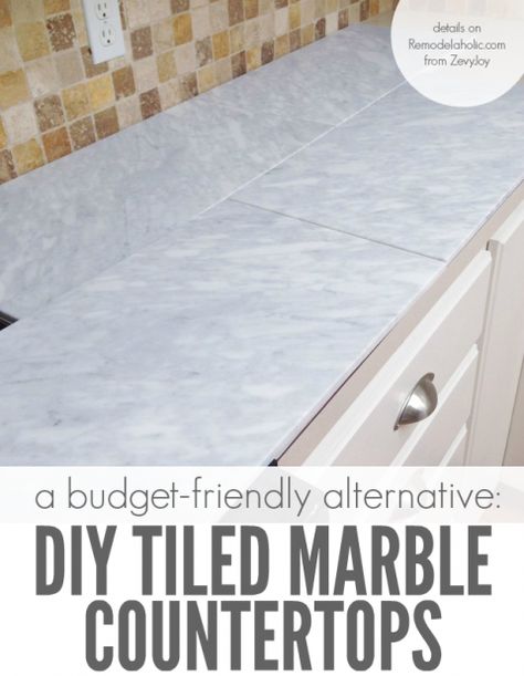 Beautiful! Self-installed tile marble countertops are a cheaper alternative to slab marble counters, so you can get the same beautiful look for a LOT less money @Remodelaholic 1800 Kitchen, Diy Marble Countertops, Tile Countertops Diy, Inexpensive Kitchen Countertops, Marble Tile Kitchen, Carrera Marble Countertops, Tile Countertops Kitchen, Copper Light Fixture, Marble Counters