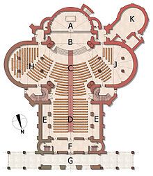 Stanford Memorial Church - A=Altar, B=Chancel, C=Crossing, D=Nave, E=Aisles, F=Vestibule, G=Arcade, H=East Transept with Transept Gallery above, J=West Transept/Side Chapel with Transept Gallery above, K=Round Room Church Floor Plans Layout, Church Plans Layout, Church Floor Plans, Church Layout, Church Building Plans, Round Room, Church Design Architecture, Auditorium Design, Rendered Floor Plan