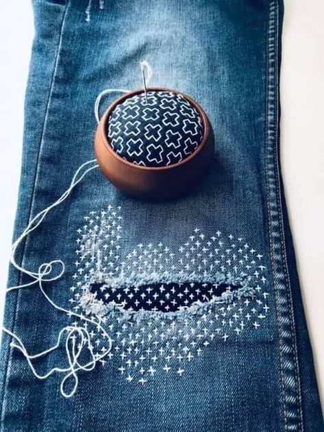 Denim Daze! | Designs by Heidi Hand Embroidery Jeans Diy, Denim Mending, Visible Mending Stitches, Serger Stitches, Embroidery Jeans Diy, Boro Stitching, Denim Repair, Mending Clothes, Modest Swim