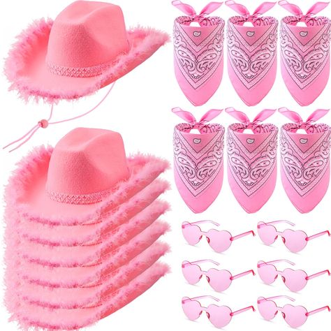 PRICES MAY VARY. fabric, feather, sequins Imported pink closure Hand Wash Only Package Variety: the package includes 6 cowgirl hats bulk, 6 pink bandanas, and 6 pairs of transparent heart glasses, making it an good choice for group parties or events; You can also present them as gifts to your loved ones, symbolizing a thoughtful gesture Ideal Size for Women Girls: our cowgirl hat pink measures approximately 14.96 x 11.81 x 5.12 inches, with adjustable drawstring so you can adjust it to your need Pink Cowgirl Party Favors, Pink Birthday Accessories, Cowgirl Pink Hat, Pink Cowgirl Bachelorette Party Outfit, Cowgirl Pink Party, Pink Birthday Theme Ideas, Pink Cowgirl Party Outfit, Pink Cowgirl Party Ideas, 21st Bday Party Themes