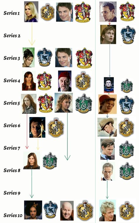 Doctor and companions Hogwarts houses Dr Who Harry Potter Crossover, Harry Potter Dr, 11 Doctor, Dr Who Companions, Doctor Who Poster, Funny Harry Potter, Sarah Jane Smith, Doctor Who Funny, Doctor Who Companions