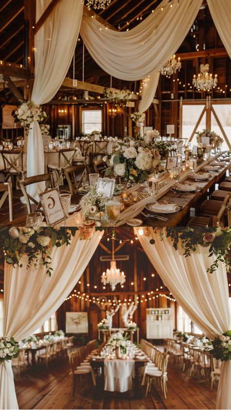 Rustic wedding setup in a chic barn with charming decoration Rustic Classy Wedding Decor, Rustic Wedding Theme Decor, Rustic Glamour Wedding, Rustic Elegant Wedding Decor, Creative Wedding Venue Ideas, Wedding Inspo Vintage, Barn House Wedding Ideas, Head Table With Bridal Party, Diy Barn Wedding Decorations