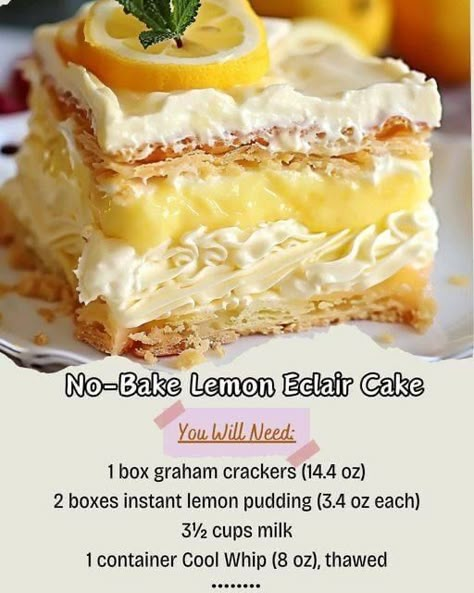 Lemon Eclair Cake, Lemon Eclair, Eclair Cake Recipe, Refrigerator Desserts, No Bake Lemon, Lemon Recipe, Icebox Pie, No Bake Recipes, Eclair Cake