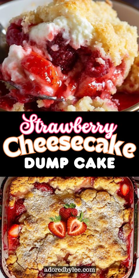 Strawberry Cheese Dump Cake, Strawberry Cheesecake Dump Cake Recipes, Strawberry Dump Cake Recipes, Strawberry Cream Cheese Dump Cake, Strawberry Cheesecake Dump, Strawberry Cheesecake Dump Cake, Cheesecake Dump Cake, Cheesecake Recipes Easy Homemade, Strawberry Dump Cake