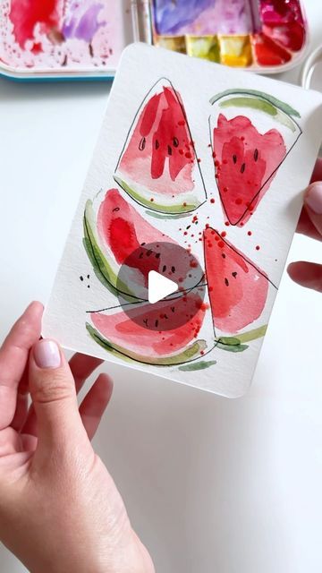 Anna Koliadych on Instagram: "Easy and Fun Way to Paint Watermelon Slices with Watercolor 😌👌🏻☀️🥰 Perfect for a Summer Watercolor Card 🍉🍉🍉 #watercolor #watercolorusa #watercolorillustration #watercolortutorial #paintingprocess #diy #crafts" Waterpaint Ideas, Diy Watercolor Cards, Watermelon Painting, Watermelon Crafts, Modern Watercolor Art, Watercolor Calendar, Watermelon Art, Watercolor Art Diy, Summer Watercolor