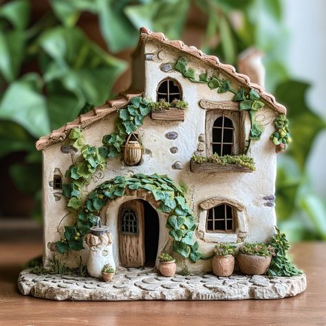 Create your own pocket paradise with our artisan crafted miniature clay houses, transforming your surroundings into a whimsical haven. Clay Mini House Diy, Clay Cottage House, Garden Ceramics Sculpture, Fairy House Sculpture, Clay Houses Architecture, Mini Clay House, Clay Fairy Houses, Ceramic Houses Pottery, Ceramic Diorama