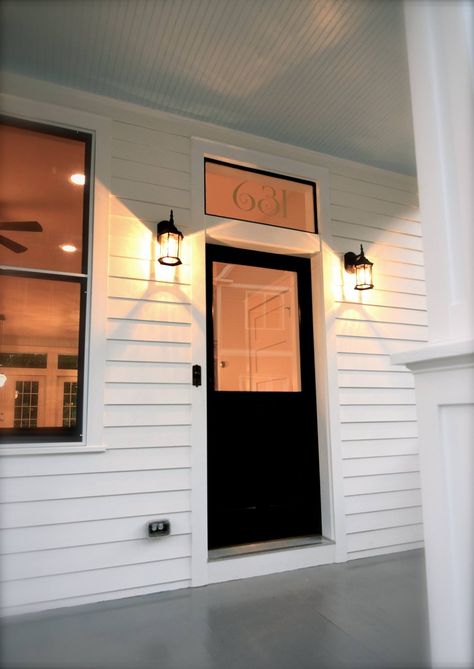 Front door with transom and address numbers Front Doors With Transom Windows, Transom Window Exterior Front Entry, Exterior Door With Transom Window, Front Door Transom Window, Transom Windows Exterior Farmhouse, Front Door With Transom Above, Front Door With Transom, Door With Transom, Single Entry Doors