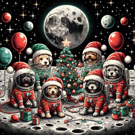 In a galaxy sprinkled with stardust and wonder, a group of adventurous space puppies found their way to the moon's surface. As Earth twinkled in the distance, they gathered around a shimmering Christmas tree, their suits glowing under the celestial light. Amidst the vast quiet of space, their laughter and barks of joy echoed, creating a magical Christmas unlike any other. Under the watchful eyes of distant stars of the cosmos, they surprised each other with lots of gifts! #vintagestuff #cute Alien Christmas Wallpaper, Retro Space Christmas, Trippy Christmas Art, Christmawallpaper Dog Lights, Cat Looking At Christmas Tree, Puppy Find, Moon Surface, Magical Christmas, Stardust