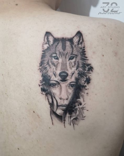 Boho Wolf Tattoo, Wolf Protecting Woman Tattoo, Half Woman Half Wolf Tattoo, Wolf And Girl Tattoo, Psychology Tattoos, Half Wolf Tattoo, She Wolf Tattoo, Wolf And Girl, Wolf Girl Tattoos