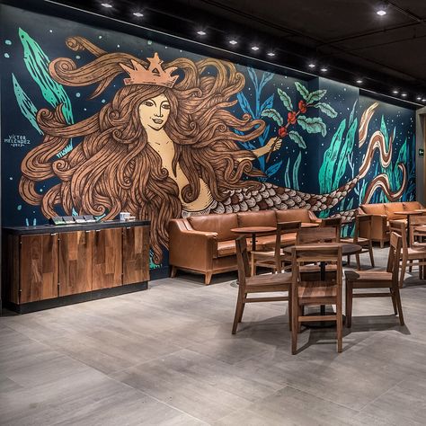 Víctor Meléndez on Instagram: “Finally got some pics of the mural I did in Mexico City. I had an amazing time painting this siren in the brand new Starbucks at the Tec de…” Starbucks Interior, Starbucks Siren, Cafe Branding, Graffiti Murals, Wall Drawing, Time Painting, Digital Art Illustration, Restaurant Interior, Wall Covering