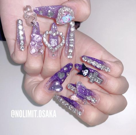 Purple Gyaru Nails, Purple Gyaru, Purple Mcbling, Purple Jelly Nails, Decora Nails, Y2k Sanrio, Sanrio Nails, Gyaru Nails, Crystal Jelly