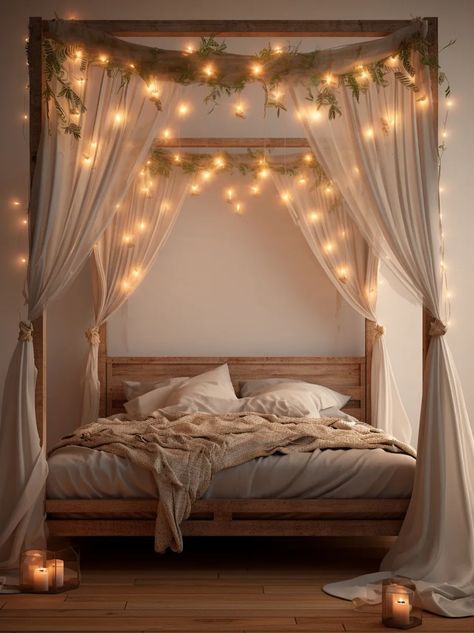 String Lights Bedroom – Nymphs Cottage Core Bedroom, String Lights In The Bedroom, Canopy Bedroom, Fairy Lights Bedroom, Creative Bedroom, Romantic Bedroom, Canopy Bed, Room Inspiration Bedroom, Dream Rooms