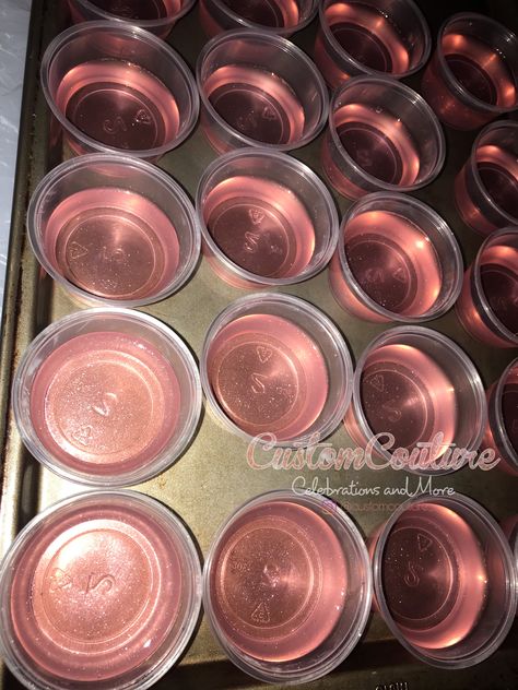 Glittery, Pink Starburst Flavored Jell-O Shots 🤤✨🥃 Rose Gold 😍 Jell-O Shots Rose Gold Party 21st Birthday Girls Night Out Girls Night In  FMOI: @customcouture_ 💕 Rose Gold Jello Shots, 21 Birthday Theme Ideas Pink, Pink Theme 21st Birthday Party, 21st Party Favors Birthday Ideas, Silver And Pink 21st Birthday, 21st Birthday Pink Party, Rose Gold 25th Birthday Party, 21st Birthday Esthetic, Pink And Gold 30th Birthday Party