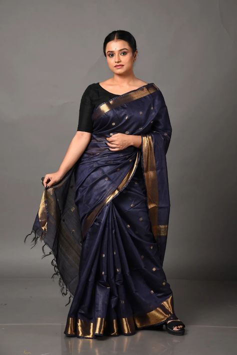 Dark-Blue & Golden Silk Saree Dark Blue Silk Saree, Golden Silk Saree, Bhagalpuri Silk Saree, Silk Saree Wedding, Designer Silk Saree, Navy Blue Saree, Festive Saree, Golden Saree, Blue Silk Saree