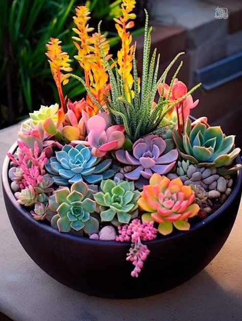 This is another similar planter with a lot of succulents and cacti planted in one large pot. The different varieties of tropical plants make for a nice dash of color among the green. This rainbow planter truly does give something to talk about with your guests, in my opinion. Just look at all that variety in one mini indoor garden! Large Pot Succulent Arrangement, Multi Plants In One Pot, Indoor Cactus Garden Ideas, Cactus Planter Ideas Indoor, Suculents Pot Ideas, Succulent Arrangements Indoor Table, Large Succulent Arrangements, Succulent Arrangements Indoor, Plant Arrangements Indoor