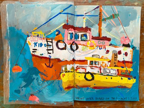 Sandi Hester Art, Sandi Hester, Emily Powell, Paint Practice, Boat Drawing, Whimsical Art Paintings, Travel Sketchbook, Boat Art, Boat Painting