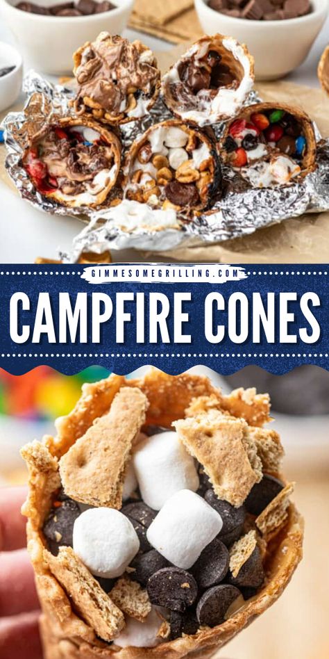 Looking for a new campfire treat this summer? Campfire Cones are your new campfire obsession. Roast them up with marshmallows, chocolate chips, graham crackers, and peanut butter for a melty, delicious treat – way easier than S’mores! Campfire Treats Fire Pits, Campfire Desserts On A Stick, Campfire Desserts Easy, Edible Campfire, Campfire Cones Recipe, Bonfire Snacks, Bonfire Night Treats, Campfire Cones, Campfire Snacks