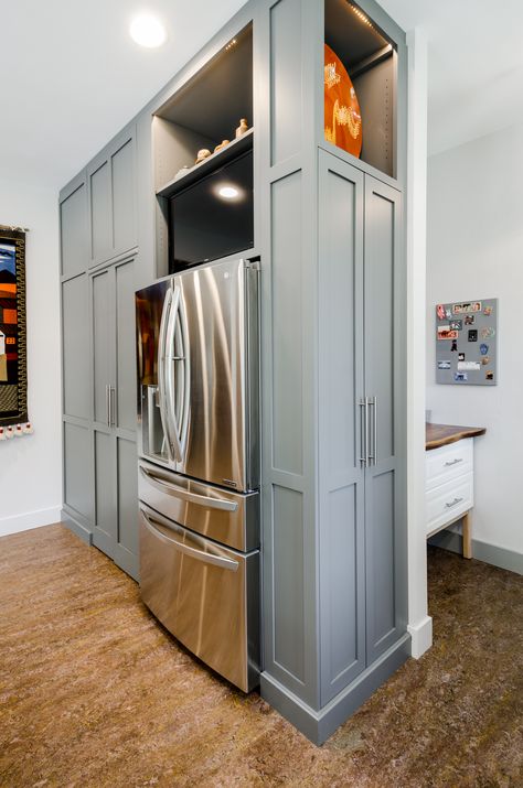 To the left of the fridge is two beautiful doors that lead to a hidden pantry. Separating your pantry with millwork is a big trend right now and we're loving when our customers want it in their new kitchens!  #pantry #storage #homedecor #kitchendesign Walk In Pantry With Fridge, Kitchens Pantry, Side Of Fridge, Refrigerator Wall, Hidden Pantry, Custom Pantry, Built In Pantry, Kitchen Layout Plans, Pantry Closet