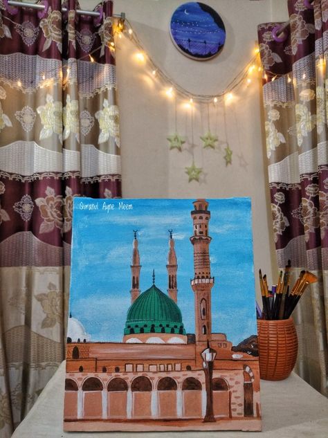 Masjid Nabawi Painting, Mosque Painting, Nabawi Mosque, Diy Canvas Art Easy, Arabic Calligraphy Painting, Islamic Art Canvas, Journal Travel, Inspiration Painting, Islamic Calligraphy Painting