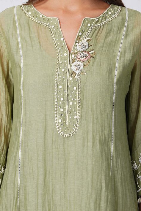 Buy Devyani Mehrotra Green Panelled A Line Kurta Set Online | Aza Fashions Cotton Suit Designs, Kurti Embroidery, Punjabi Salwar, Zardozi Work, Sage Green Floral, Hand Embroidery Dress, Kurta Style, Embroidery On Kurtis, Kurti Embroidery Design