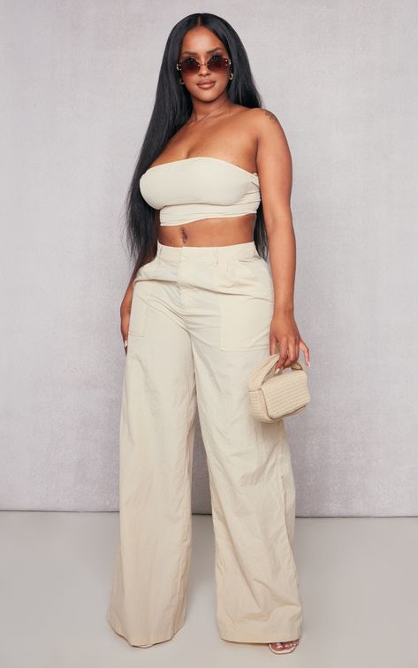 The Shape Stone Lightweight Parachute Wide Leg Pant. Head online and shop this season's range of shape at PrettyLittleThing. Express delivery available. Parachute Design, Cruise Fits, Linen Pants Outfit, Highest Heels, Curvy Pants, Business Photoshoot, Bandeau Crop Top, Chic Vibes, Corset Crop Top