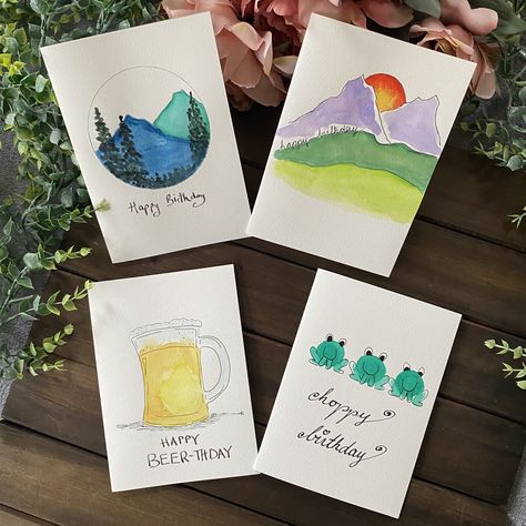 "Set of 4 watercolor-hand-painted, folded, blank holiday cards in 5\"x7\" with Kraft 100% recycled envelopes. Spread the joy! Brighten up someone's day with a hand-written note: a thank you, a birthday wish or just to say I love and miss you.  The artwork is inspired by the desire to spread joy to every recipient across the nation. It is created by Petra Hoette's signature style of watercolor with detailed ink outlining. 100% made in America by a small-business. Please note, due to variation in monitor displays, the colors of the actual product may vary slightly from what you see on your computer screen." Hand Painted Birthday Cards For Men, Watercolor Birthday Card Ideas For Men, Watercolour Birthday Card For Men, Watercolor Birthday Cards Ideas, Watercolor Birthday Cards For Men, Birthday Cards For Guys, Happy Birthday Watercolor Card, Cards For Guys, Recycled Envelopes