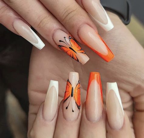 Orange Nails With Butterflies, Orange Butterfly Nail Designs, Orange Butterfly Nails, Ongles Summer, Monarch Butterfly Nails, Butterflies Nails Acrylics, Coffin Nail Ideas, Blue Coffin Nails, Nails Orange