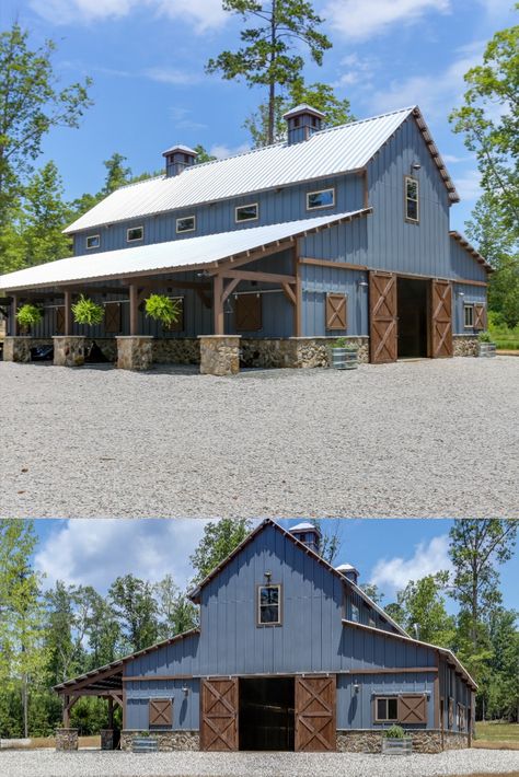 Rustic yet sophisticated, this Great Plains Western Horse Barn located in North Carolina is a showstopper. The stone accents on the exterior and the blue hue of the barn pair perfectly with the post and beam timber frame. Metal Barn Colors Scheme Exterior, Blue Barndominium Exterior, Colorado Barndominium, Horse Barn Exterior, Barn Designs Ideas, Barn Exterior Ideas, Podcast Room, Graduation Attire, Rough Hewn Wood