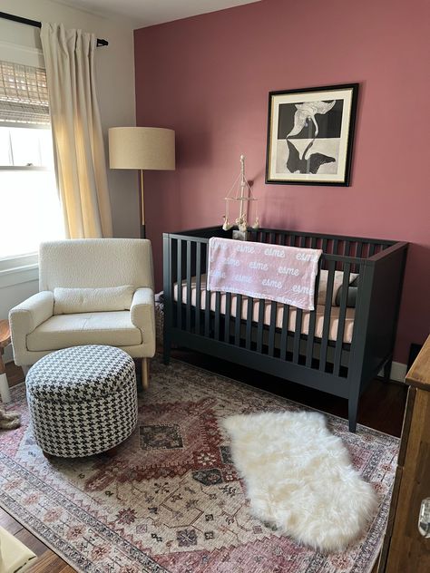 Blue And Mauve Nursery, Black Crib Pink Nursery, Navy And Mauve Nursery, Dark Brown Crib Nursery Girl, Blush And Mauve Nursery, Black Furniture Nursery Girl, Mauve Pink Accent Wall Nursery, Girl Nursery Dark Furniture, Black And Mauve Nursery