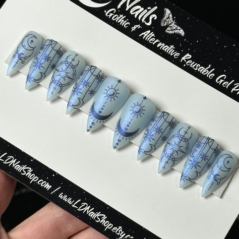 Celestial Frost, Blue Moon Stars Nails, Witchy Press on Nails, Gothic Summer Nails, Black & White Nails, Goth Nails, Reusable False Nails - Etsy Moon And Star Nails, Witchy Winter, Celestial Goth, Nails Milky White, Nails Witchy, Gothic Summer, Nails Gothic, Nails Goth, Stars Nails