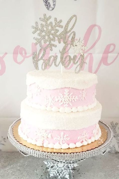 Don't miss this gorgeous snowflake-themed winter baby shower! The cake is so pretty!!  See more party ideas and share yours at CatchMyParty.com  #catchmyparty #partyideas #winterbabyshower #girlbabyshower #snowflakeparty #babyshowercake Winter Baby Shower Cake, Snowflake Is On The Way, January Baby Shower, Baby Shower Themes Neutral, Winter Baby Shower Themes, Girl Shower Themes, Snowflake Cake, Holiday Baby Shower, Snowflake Baby Shower