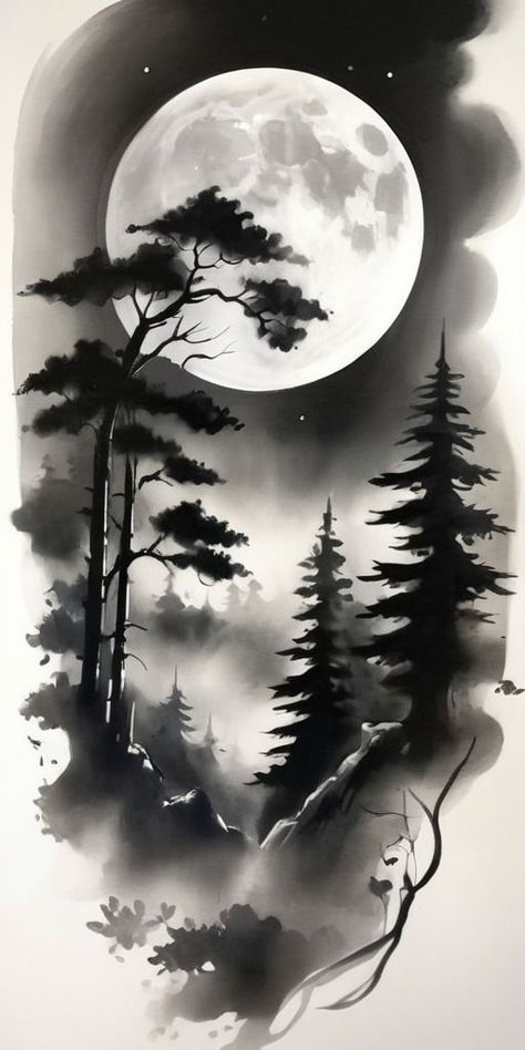 FOREST TATTOO DESIGN Forest Scene Tattoo Design, Forest Design Tattoo, Forest Background Tattoo, Black And White Tree Painting, Tree Moon Tattoo, Forest Scene Tattoo, Mountain Scene Tattoo, Forest Tattoo Design, Dark Forest Tattoo