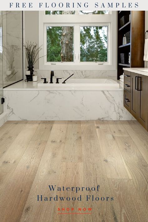 Treat yourself and your bathrooms to 100% waterproof hardwood flooring from Raintree Floors. First Flurry from the Aspen Estate collection is rustic, timeless, stylish, and durable for bathrooms and any room in your home. Lowes Hardwood Flooring Wide Plank, Anderson Manor Hardwood Floors, Topps Tiles Mora Oak, Happy Feet Flooring Sand Mountain, European White Oak Floors, Basement Reno, How To Waterproof Wood, Waterproof Bathroom, Floor Bathroom