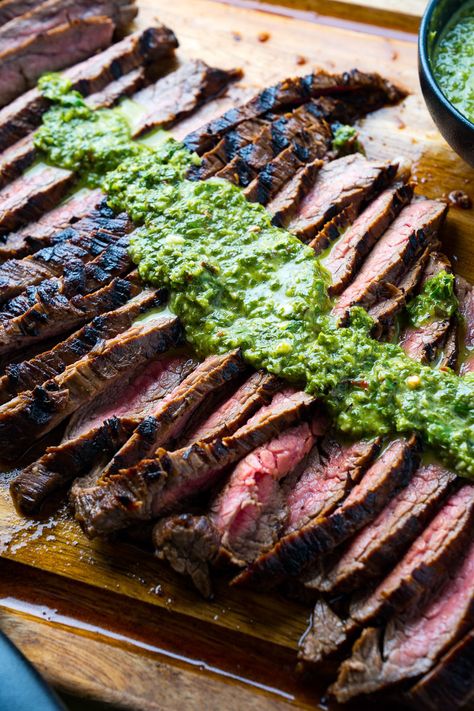 Chimichurri Grilled Steak Avocado Chimichurri, Chimichurri Steak, Meat Board, Closet Cooking, Marinated Flank Steak, Flank Steak Recipes, Flat Iron Steak, Grilled Steak Recipes, Grilled Flank Steak