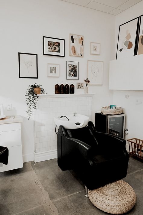 Hairstylist Work Space, Modern Salon Decor Small Spaces, Salon Color Cabinet Ideas, Salon Suite No Windows, Mini Hair Studio Ideas, Mid Century Modern Salon Suite, Hair Salon At Home Ideas Small Spaces, Small At Home Salon Ideas, Salon In Home