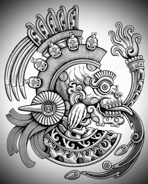 Aztec Realism Tattoo, Aztec Quetzalcoatl Art, Aztec Art Tattoo, Aztec Statues, Aztec Warrior Tattoo, Azteca Tattoo, Aztec Drawing, Aztec Artwork, Mayan Tattoos