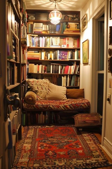 Pretty Library Home, Cozy Living Rooms Bookshelves, Unique Home Aesthetic, Small Cluttered Apartment, Book Filled Room, Unique Pieces Of Furniture, Mini Home Library Small Spaces, Closet Library Nook, Book Nook Cozy