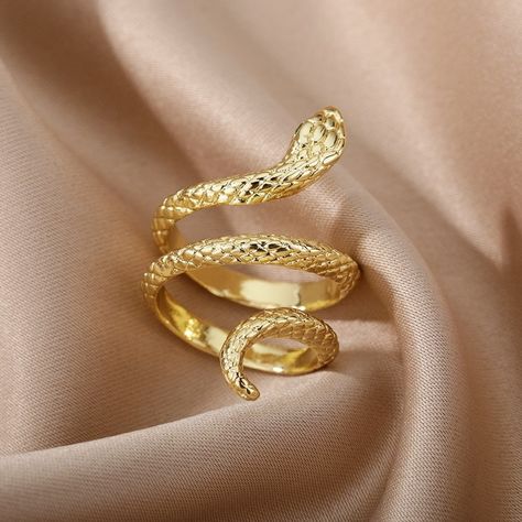 Snake Ring Gold, Boho Rings Gold, Snake Rings, Aesthetic Rings, Serpent Ring, Gold Color Ring, Aesthetic Jewelry, Retro Punk, Snake Jewelry