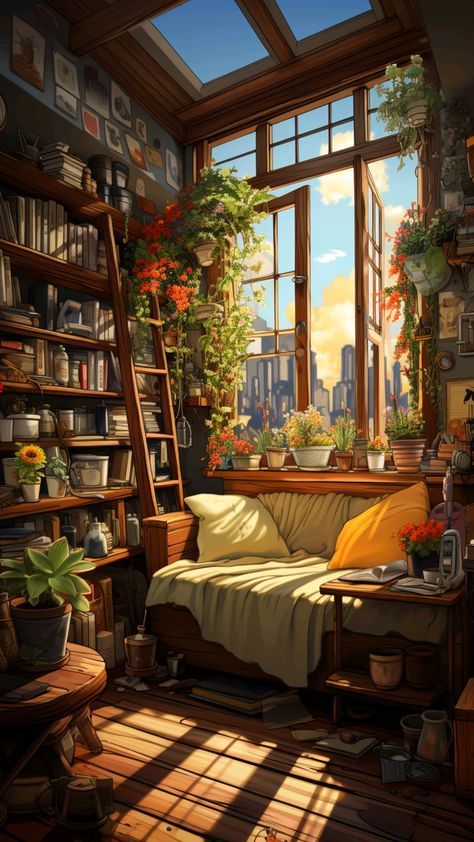 Books Plants Aesthetic, Ghibli House Interior Aesthetic, Book Illustration Wallpaper, Studio Ghibli Style Wallpaper, Studio Ghibli Books Aesthetic, Cozy Cottage Art, Ghibli Aesthetic Decor, Studio Ghibli Home Aesthetic, Ghibli House Aesthetic