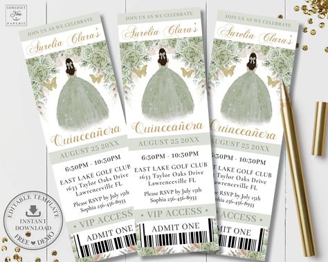 Boho Sage Green Floral Pampas Grass Princess Quinceañera Ticket VIP Invitation EDITABLE TEMPLATE Quince 15 Birthday Download Printable QC43 Vip Invitation, Vip Ticket, 15 Birthday, Green Roses, Sage Green Floral, Sage Green Dress, Invitation Diy, Australia Photos, Vip Tickets