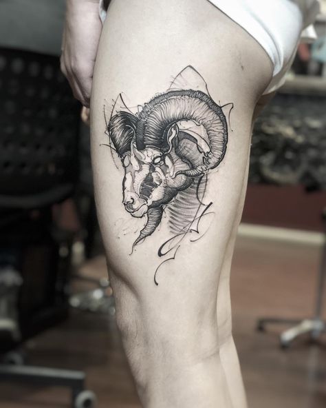 Mountain Goat Tattoo Design, Aries Tattoo For Men Design, Ram Tattoo Ideas, Ram Tattoo Design, Aries Tattoo Designs, Tattoo Goat, Galaxy Tattoo Sleeve, Aries Ram Tattoo, Flower Fire