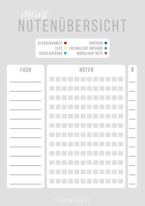 tipps mit herz - notenübersicht | Stundenplan schule, Hausaufgaben planer, Lernen tipps schule Good Notes Cover, School Organisation, Notes Cover, Journal Challenge, Bullet Journal Lettering Ideas, School Help, Notes Template, Bullet Journal Inspo, School Motivation