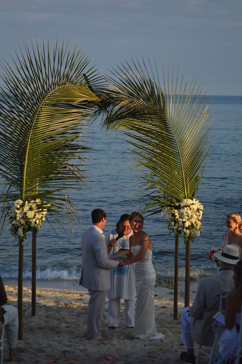 Palm Frond Arch #mayanbeach #weddings #beachweddings #akumal Photo courtesy of Mayan Beach & Turtle Bay Weddings Palm Arch, Beach Wedding Setup, Havana Nights Theme, Small Wedding Decor, Simple Beach Wedding, Destination Wedding Decor, Dream Beach Wedding, Desi Wedding Decor, Tulum Wedding