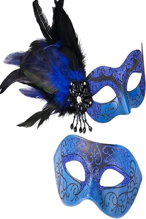 Elegant Masquerade Mask Women: Black and blue masquerade mask with feather is a stunning and eye-catching accessory. The light and nimble feathers will dance in the air with your steps............ Elegant Masquerade Mask, Blue Masquerade Mask, Masquerade Couple, Pink Masquerade Mask, Homemade Tie Dye, Masquerade Mask Women, Couples Masquerade Masks, Mask Men, Stitched Flowers