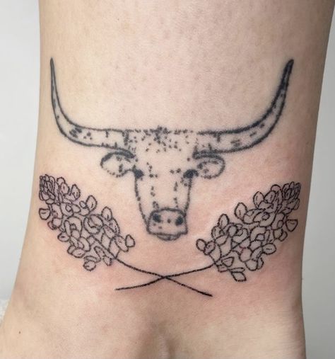 Longhorn Rib Tattoo, Longhorn Bluebonnet Tattoo, Longhorn Tattoo With Flowers, Fine Line Longhorn Tattoo, Bluebonnet Fine Line Tattoo, Bluebonnet Tattoo, Longhorn Tattoo, Longhorn Cattle, Business Stickers